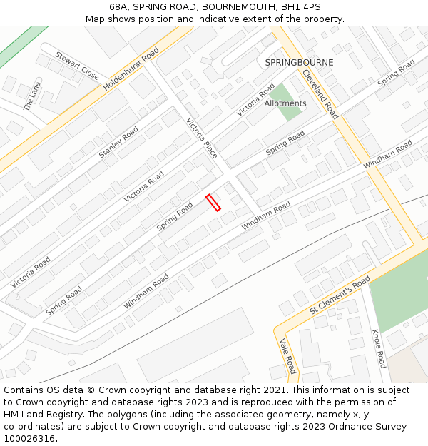 68A, SPRING ROAD, BOURNEMOUTH, BH1 4PS: Location map and indicative extent of plot