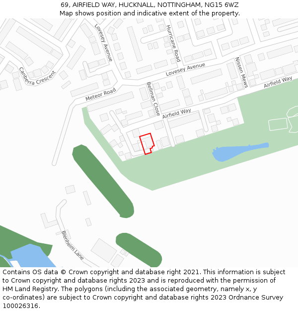 69, AIRFIELD WAY, HUCKNALL, NOTTINGHAM, NG15 6WZ: Location map and indicative extent of plot