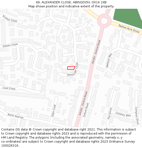 69, ALEXANDER CLOSE, ABINGDON, OX14 1XB: Location map and indicative extent of plot