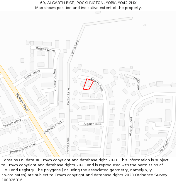 69, ALGARTH RISE, POCKLINGTON, YORK, YO42 2HX: Location map and indicative extent of plot