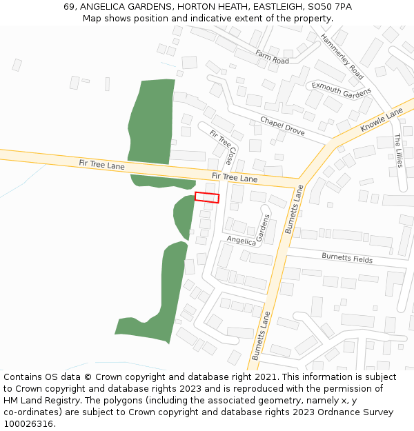 69, ANGELICA GARDENS, HORTON HEATH, EASTLEIGH, SO50 7PA: Location map and indicative extent of plot