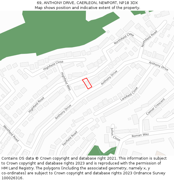 69, ANTHONY DRIVE, CAERLEON, NEWPORT, NP18 3DX: Location map and indicative extent of plot
