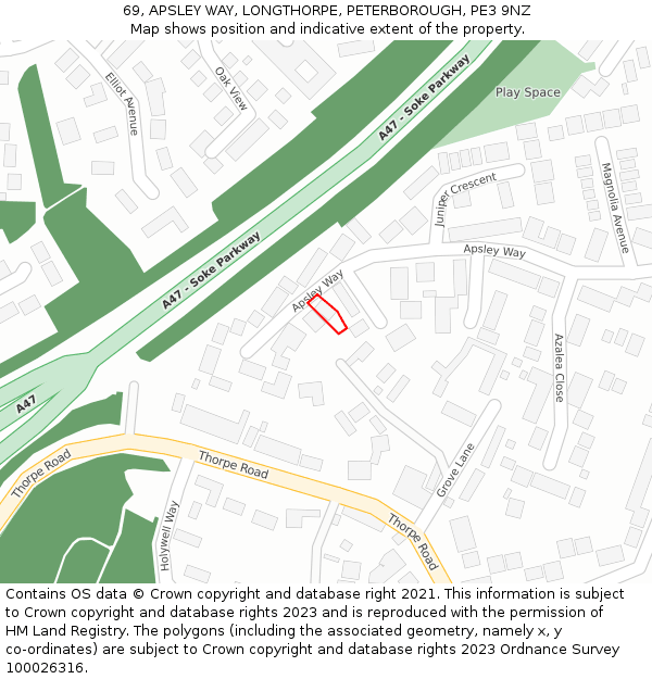 69, APSLEY WAY, LONGTHORPE, PETERBOROUGH, PE3 9NZ: Location map and indicative extent of plot