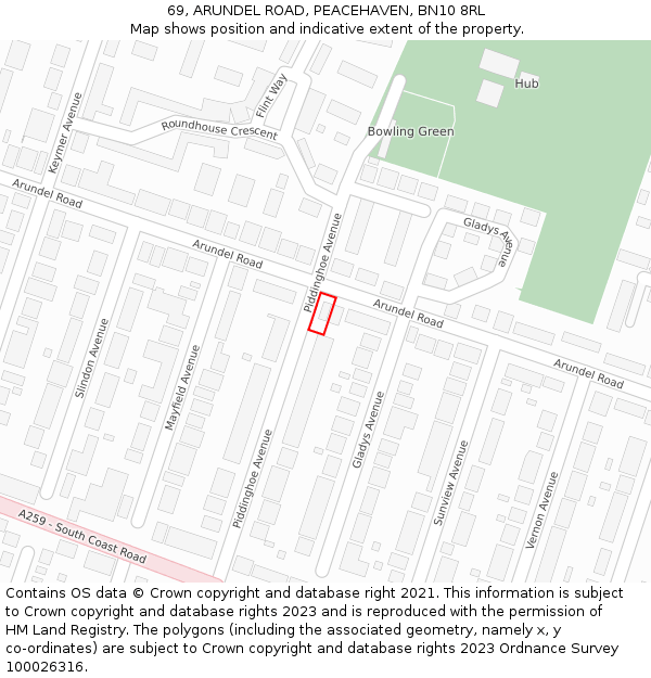 69, ARUNDEL ROAD, PEACEHAVEN, BN10 8RL: Location map and indicative extent of plot