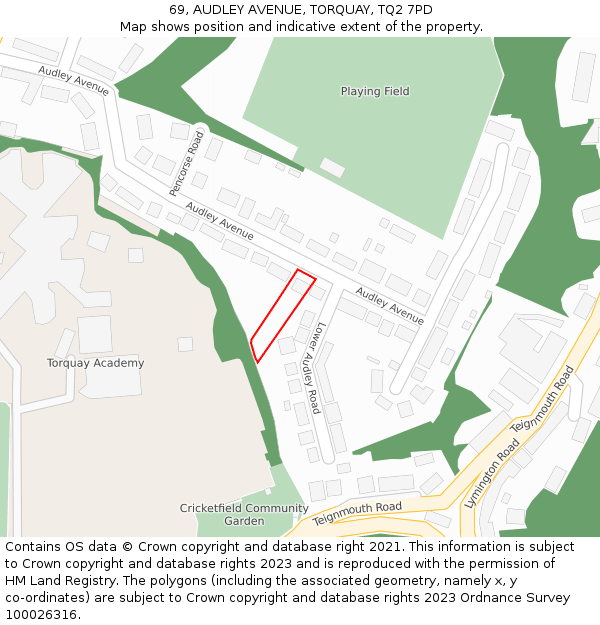 69, AUDLEY AVENUE, TORQUAY, TQ2 7PD: Location map and indicative extent of plot