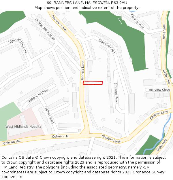 69, BANNERS LANE, HALESOWEN, B63 2AU: Location map and indicative extent of plot