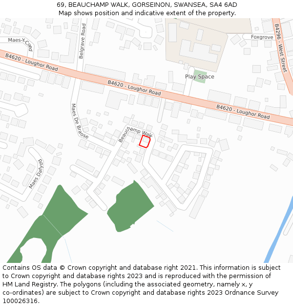 69, BEAUCHAMP WALK, GORSEINON, SWANSEA, SA4 6AD: Location map and indicative extent of plot