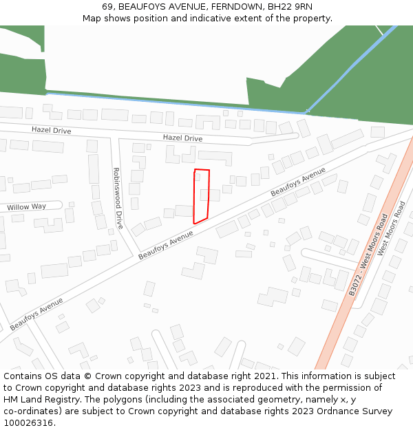 69, BEAUFOYS AVENUE, FERNDOWN, BH22 9RN: Location map and indicative extent of plot