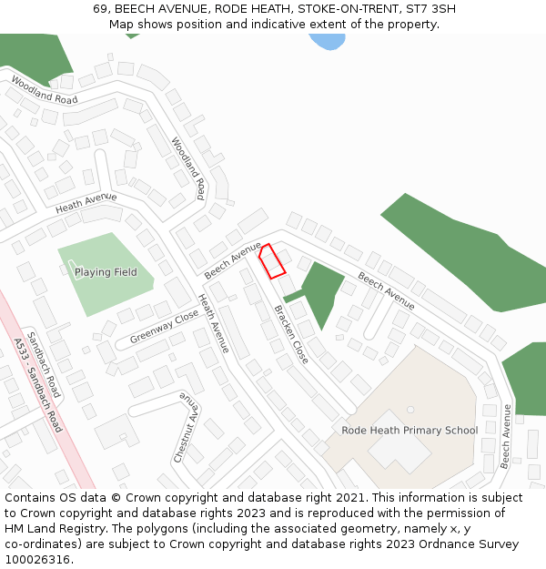 69, BEECH AVENUE, RODE HEATH, STOKE-ON-TRENT, ST7 3SH: Location map and indicative extent of plot