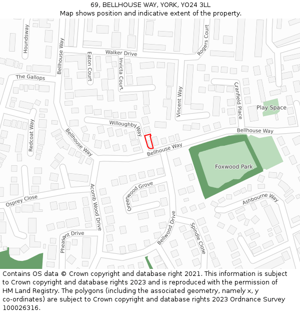 69, BELLHOUSE WAY, YORK, YO24 3LL: Location map and indicative extent of plot