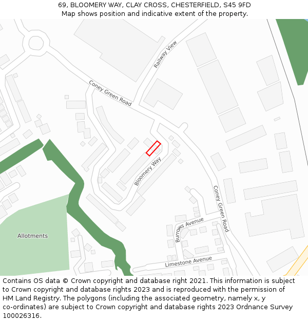 69, BLOOMERY WAY, CLAY CROSS, CHESTERFIELD, S45 9FD: Location map and indicative extent of plot