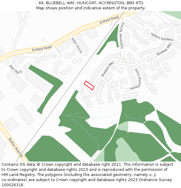 69, BLUEBELL WAY, HUNCOAT, ACCRINGTON, BB5 6TD: Location map and indicative extent of plot