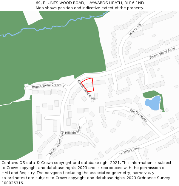 69, BLUNTS WOOD ROAD, HAYWARDS HEATH, RH16 1ND: Location map and indicative extent of plot