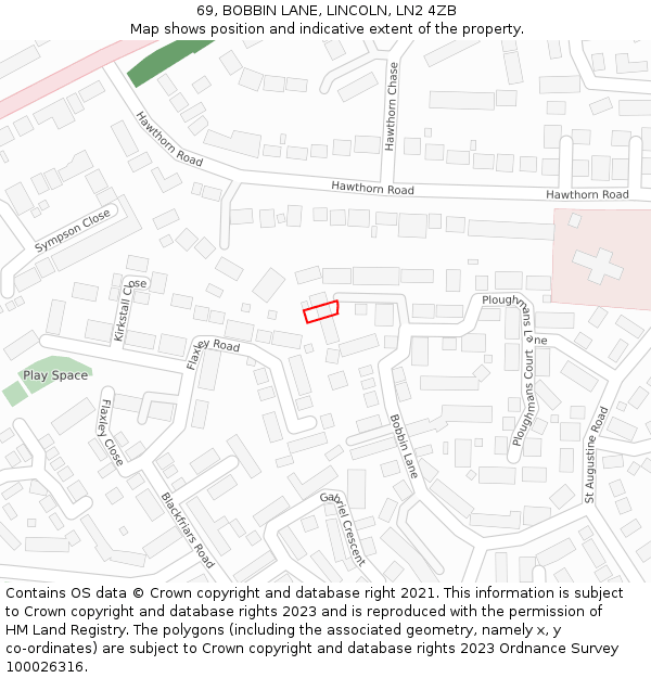 69, BOBBIN LANE, LINCOLN, LN2 4ZB: Location map and indicative extent of plot