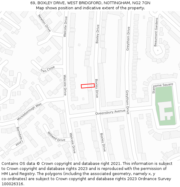 69, BOXLEY DRIVE, WEST BRIDGFORD, NOTTINGHAM, NG2 7GN: Location map and indicative extent of plot