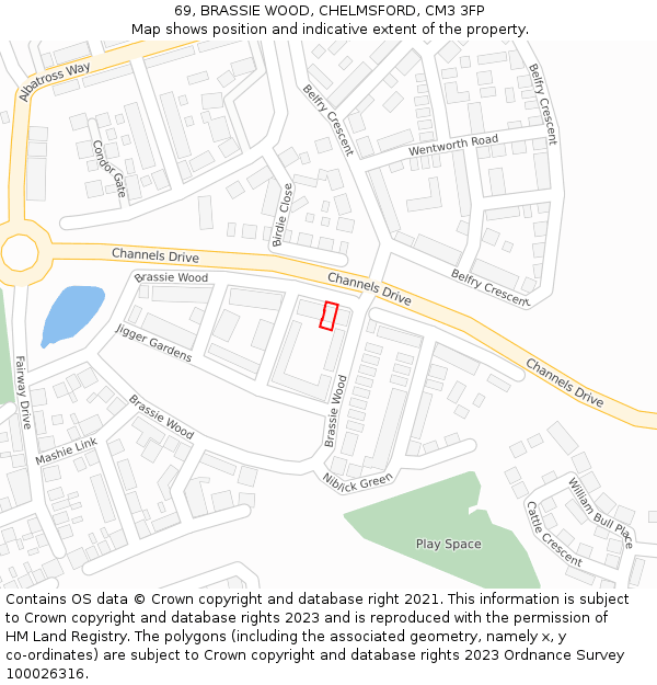 69, BRASSIE WOOD, CHELMSFORD, CM3 3FP: Location map and indicative extent of plot