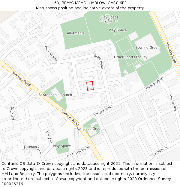 69, BRAYS MEAD, HARLOW, CM18 6PF: Location map and indicative extent of plot