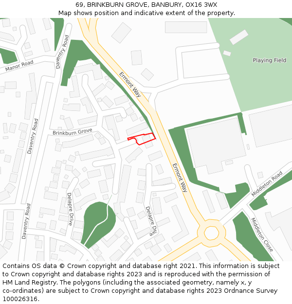 69, BRINKBURN GROVE, BANBURY, OX16 3WX: Location map and indicative extent of plot