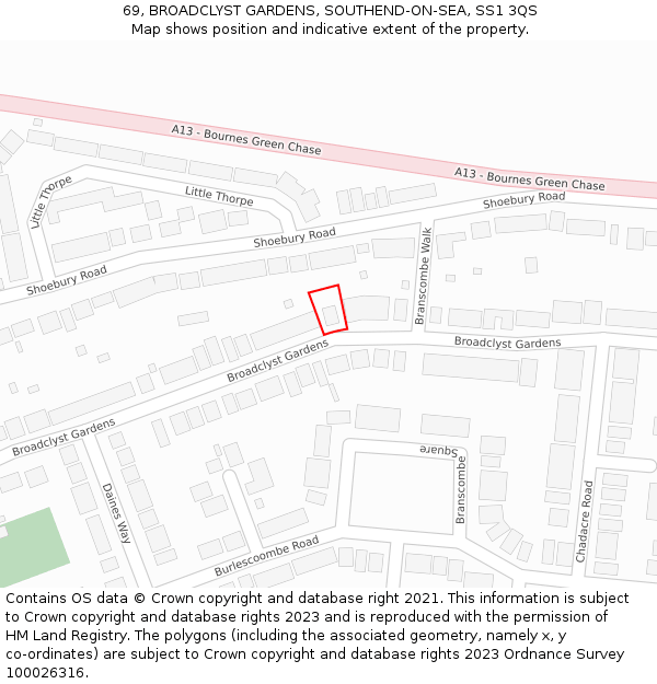 69, BROADCLYST GARDENS, SOUTHEND-ON-SEA, SS1 3QS: Location map and indicative extent of plot