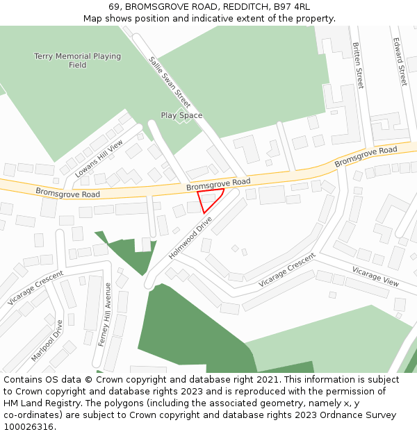 69, BROMSGROVE ROAD, REDDITCH, B97 4RL: Location map and indicative extent of plot