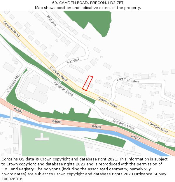 69, CAMDEN ROAD, BRECON, LD3 7RT: Location map and indicative extent of plot