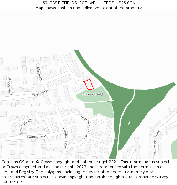 69, CASTLEFIELDS, ROTHWELL, LEEDS, LS26 0GN: Location map and indicative extent of plot