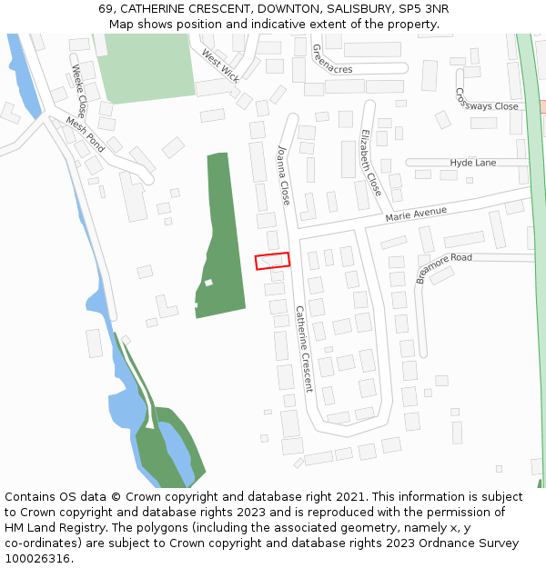 69, CATHERINE CRESCENT, DOWNTON, SALISBURY, SP5 3NR: Location map and indicative extent of plot