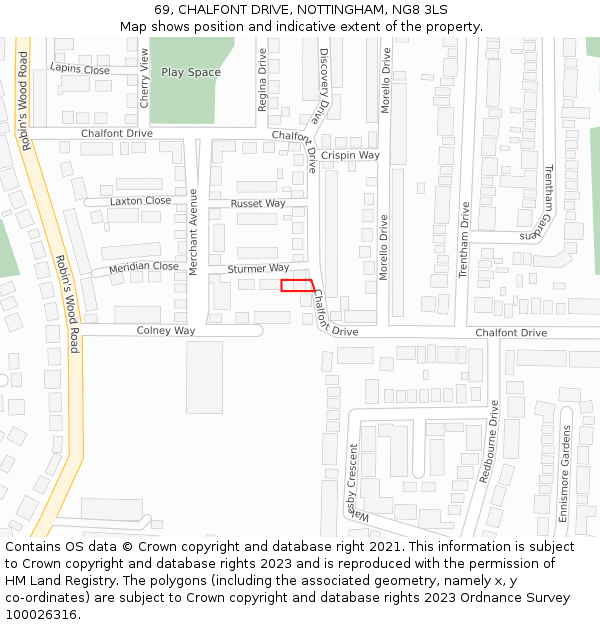 69, CHALFONT DRIVE, NOTTINGHAM, NG8 3LS: Location map and indicative extent of plot