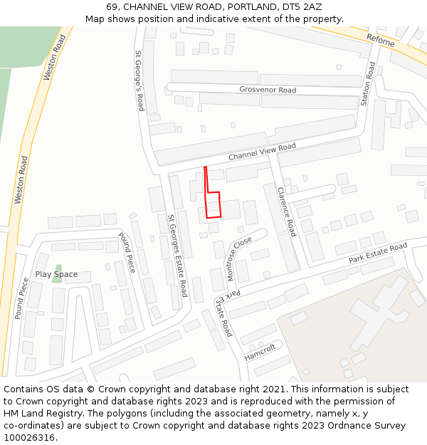 69, CHANNEL VIEW ROAD, PORTLAND, DT5 2AZ: Location map and indicative extent of plot