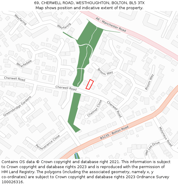 69, CHERWELL ROAD, WESTHOUGHTON, BOLTON, BL5 3TX: Location map and indicative extent of plot