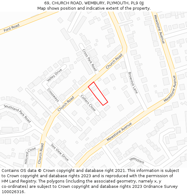 69, CHURCH ROAD, WEMBURY, PLYMOUTH, PL9 0JJ: Location map and indicative extent of plot