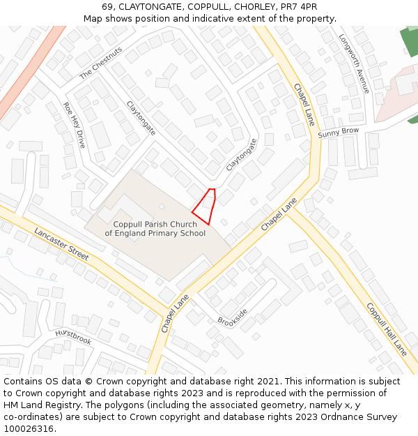 69, CLAYTONGATE, COPPULL, CHORLEY, PR7 4PR: Location map and indicative extent of plot