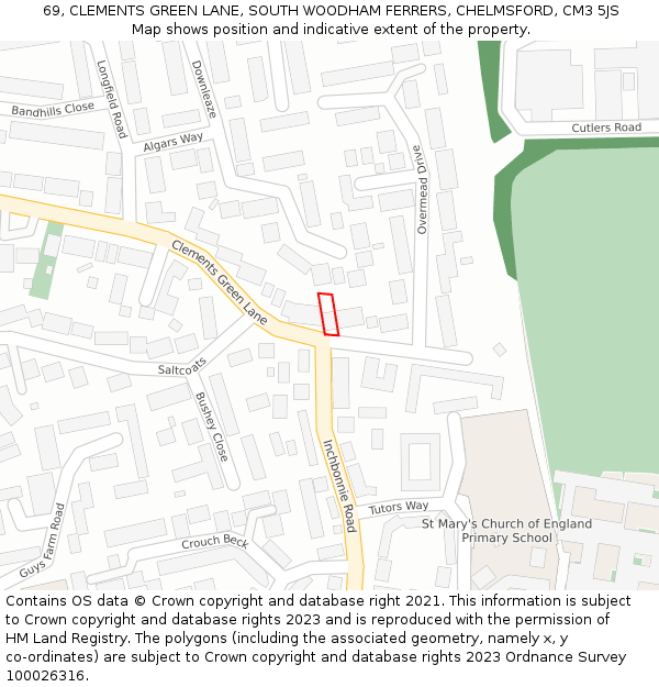 69, CLEMENTS GREEN LANE, SOUTH WOODHAM FERRERS, CHELMSFORD, CM3 5JS: Location map and indicative extent of plot