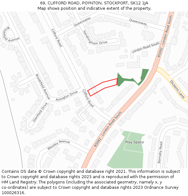 69, CLIFFORD ROAD, POYNTON, STOCKPORT, SK12 1JA: Location map and indicative extent of plot