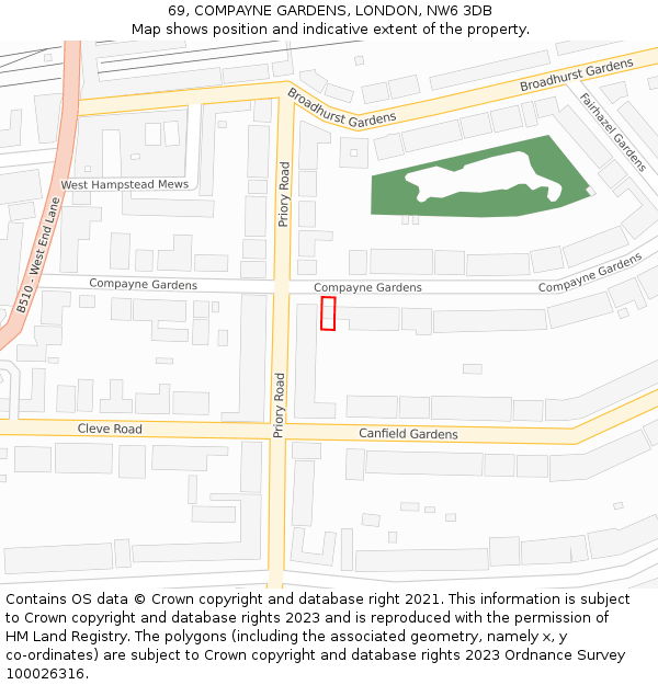 69, COMPAYNE GARDENS, LONDON, NW6 3DB: Location map and indicative extent of plot