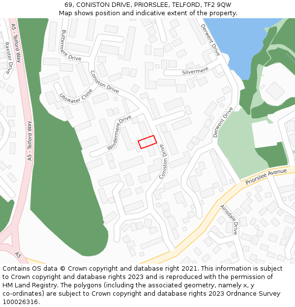 69, CONISTON DRIVE, PRIORSLEE, TELFORD, TF2 9QW: Location map and indicative extent of plot