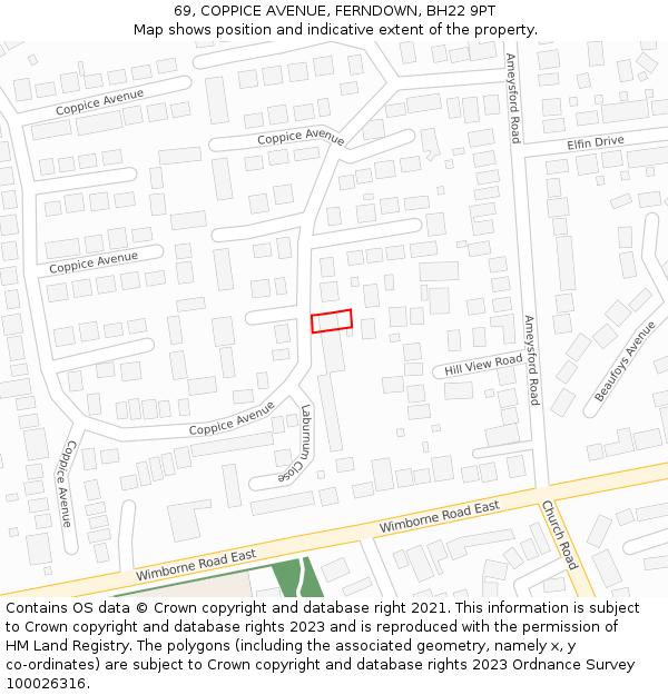 69, COPPICE AVENUE, FERNDOWN, BH22 9PT: Location map and indicative extent of plot