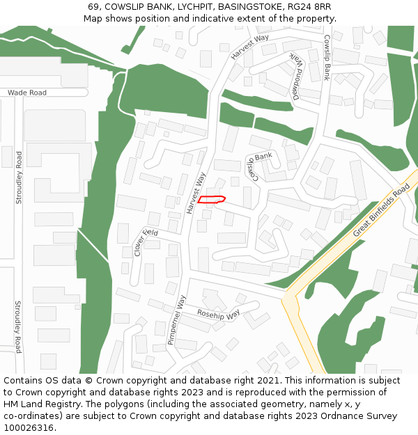 69, COWSLIP BANK, LYCHPIT, BASINGSTOKE, RG24 8RR: Location map and indicative extent of plot