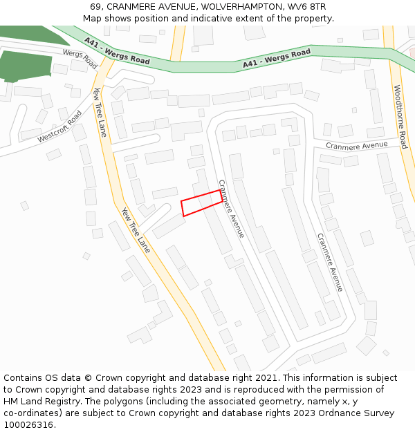 69, CRANMERE AVENUE, WOLVERHAMPTON, WV6 8TR: Location map and indicative extent of plot