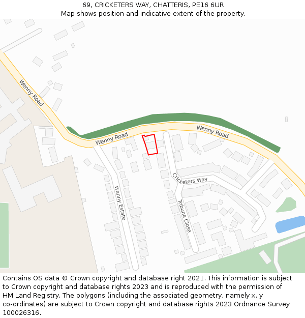69, CRICKETERS WAY, CHATTERIS, PE16 6UR: Location map and indicative extent of plot