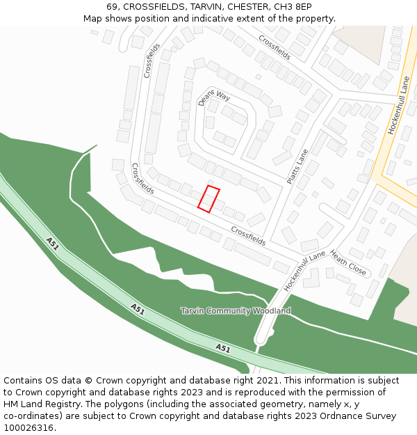 69, CROSSFIELDS, TARVIN, CHESTER, CH3 8EP: Location map and indicative extent of plot