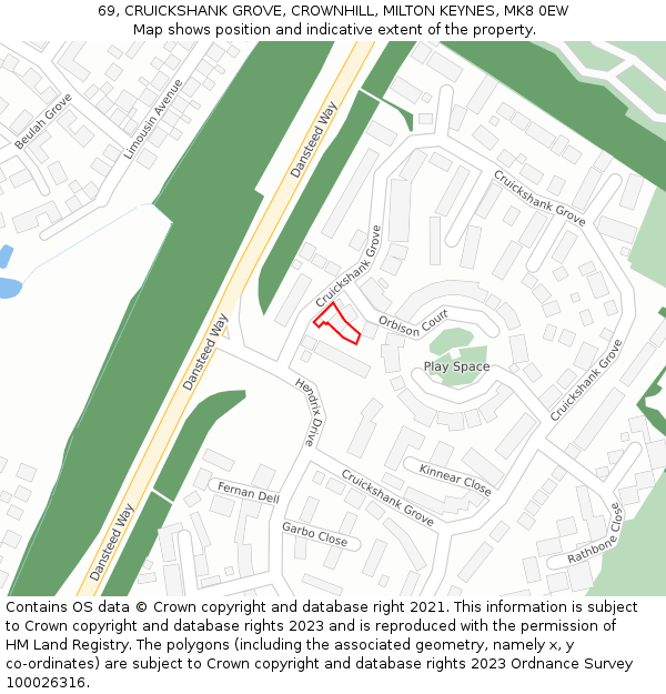 69, CRUICKSHANK GROVE, CROWNHILL, MILTON KEYNES, MK8 0EW: Location map and indicative extent of plot