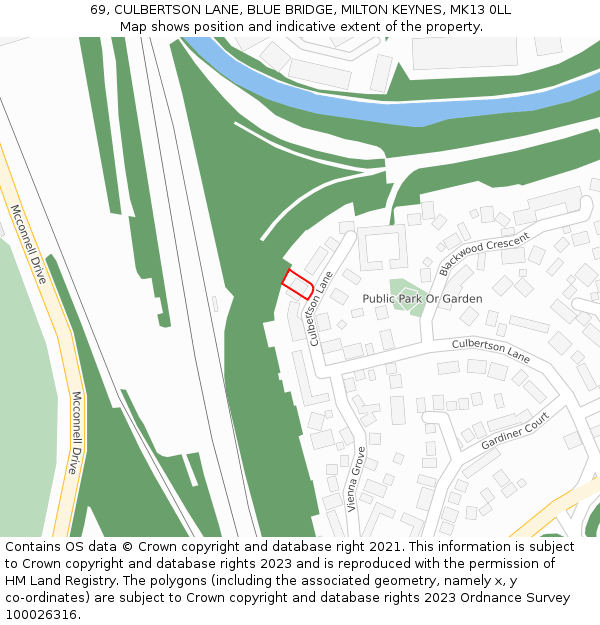 69, CULBERTSON LANE, BLUE BRIDGE, MILTON KEYNES, MK13 0LL: Location map and indicative extent of plot