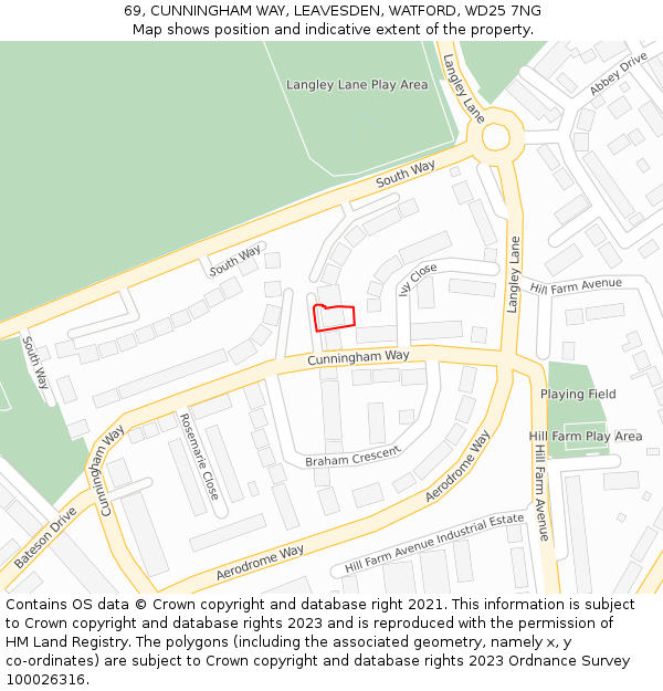 69, CUNNINGHAM WAY, LEAVESDEN, WATFORD, WD25 7NG: Location map and indicative extent of plot