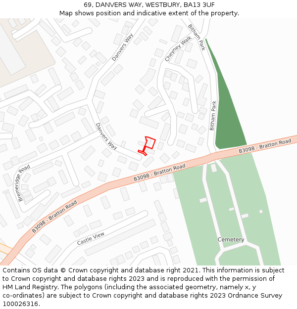 69, DANVERS WAY, WESTBURY, BA13 3UF: Location map and indicative extent of plot