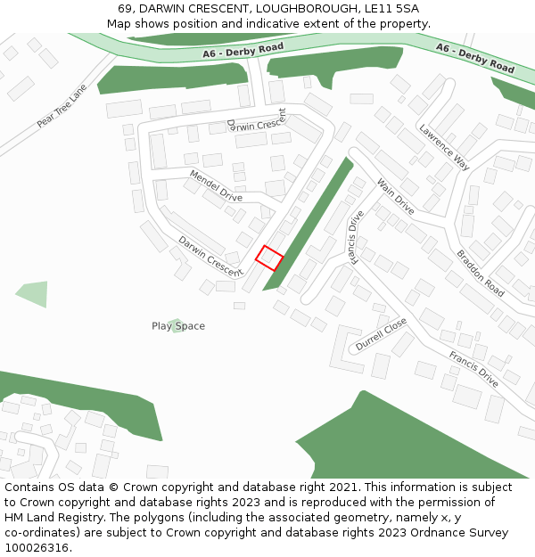 69, DARWIN CRESCENT, LOUGHBOROUGH, LE11 5SA: Location map and indicative extent of plot