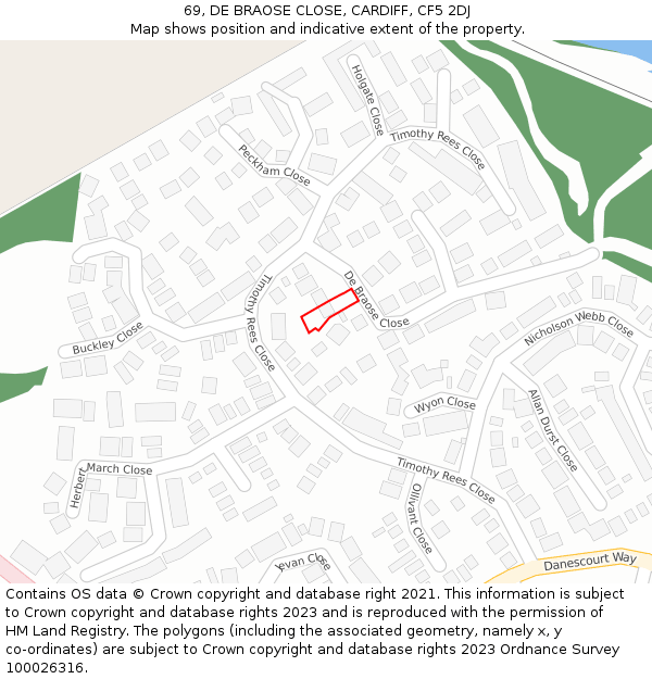 69, DE BRAOSE CLOSE, CARDIFF, CF5 2DJ: Location map and indicative extent of plot