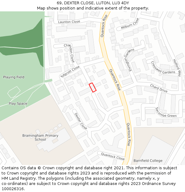 69, DEXTER CLOSE, LUTON, LU3 4DY: Location map and indicative extent of plot