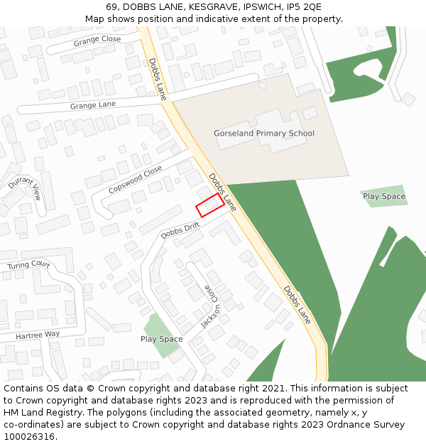 69, DOBBS LANE, KESGRAVE, IPSWICH, IP5 2QE: Location map and indicative extent of plot