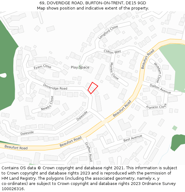 69, DOVERIDGE ROAD, BURTON-ON-TRENT, DE15 9GD: Location map and indicative extent of plot